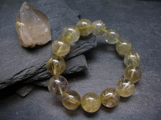 Rutilated Quartz Genuine Bracelet ~ 7 Inches ~ 14mm Round Beads