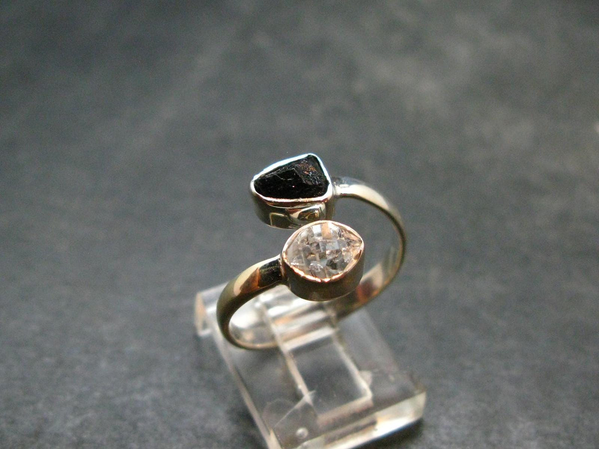 Black Tourmaline And Herkimer Diamond Silver Ring - Size 9 - 2.62 Grams