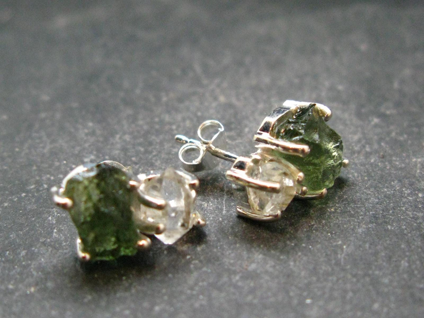Moldavite & Herkimer Diamond Silver Stud Earrings - 0.7" - 2.55 Grams