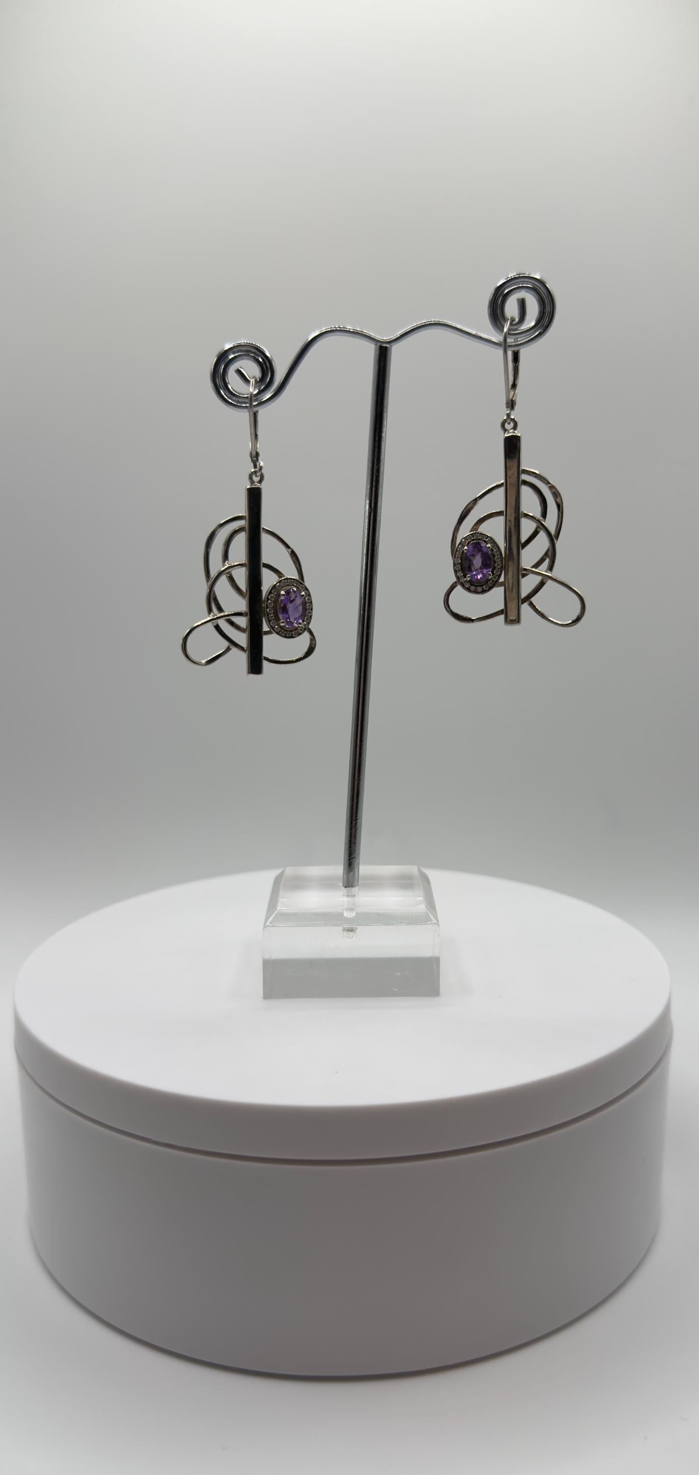 Amethyst Modern Earrings – Artistic Design – Sterling Silver with Gold Tone - Weight 9.42 Grams