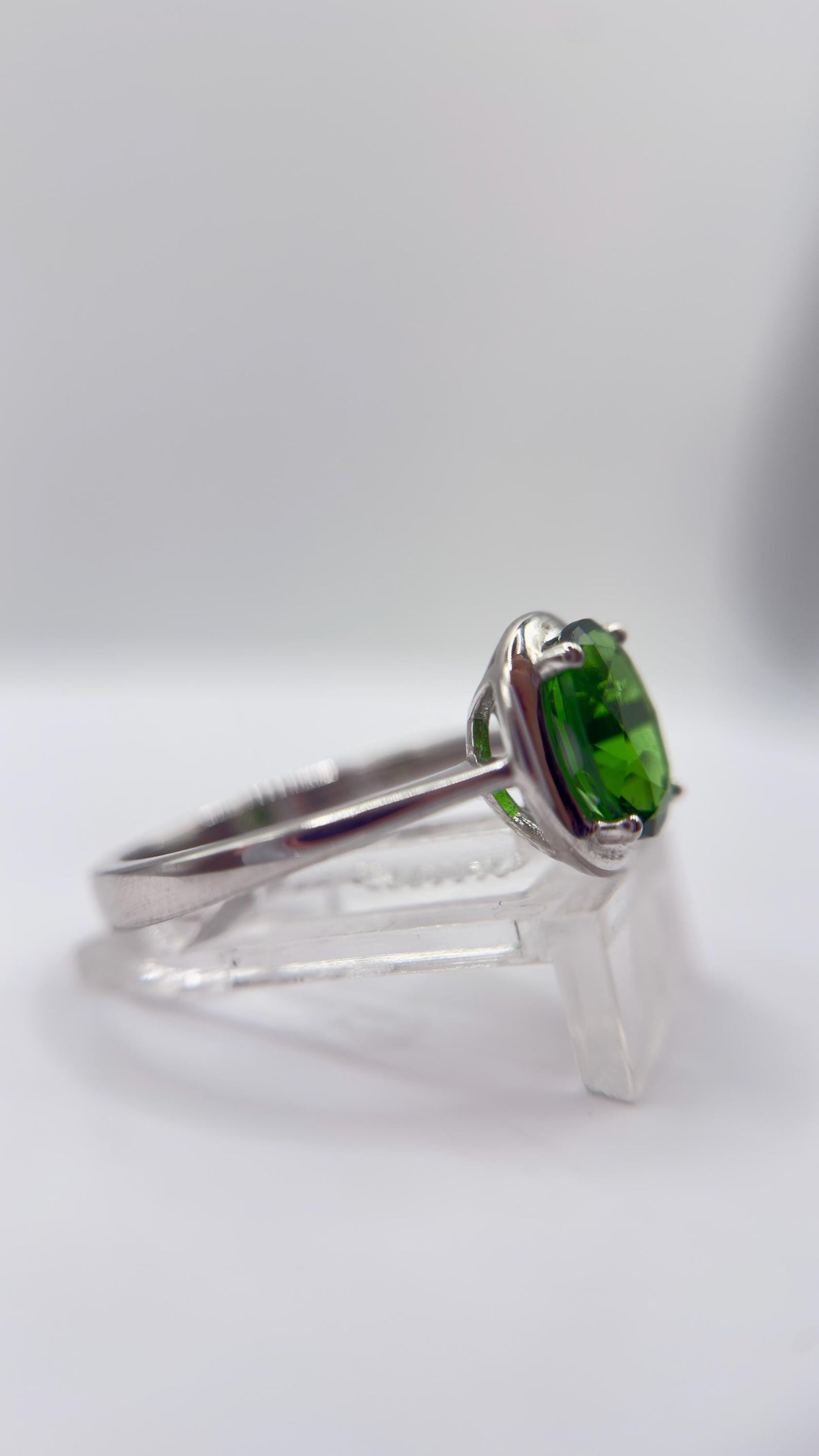 Green Helenite Oval Ring – Sterling Silver Faceted Gemstone Statement Ring