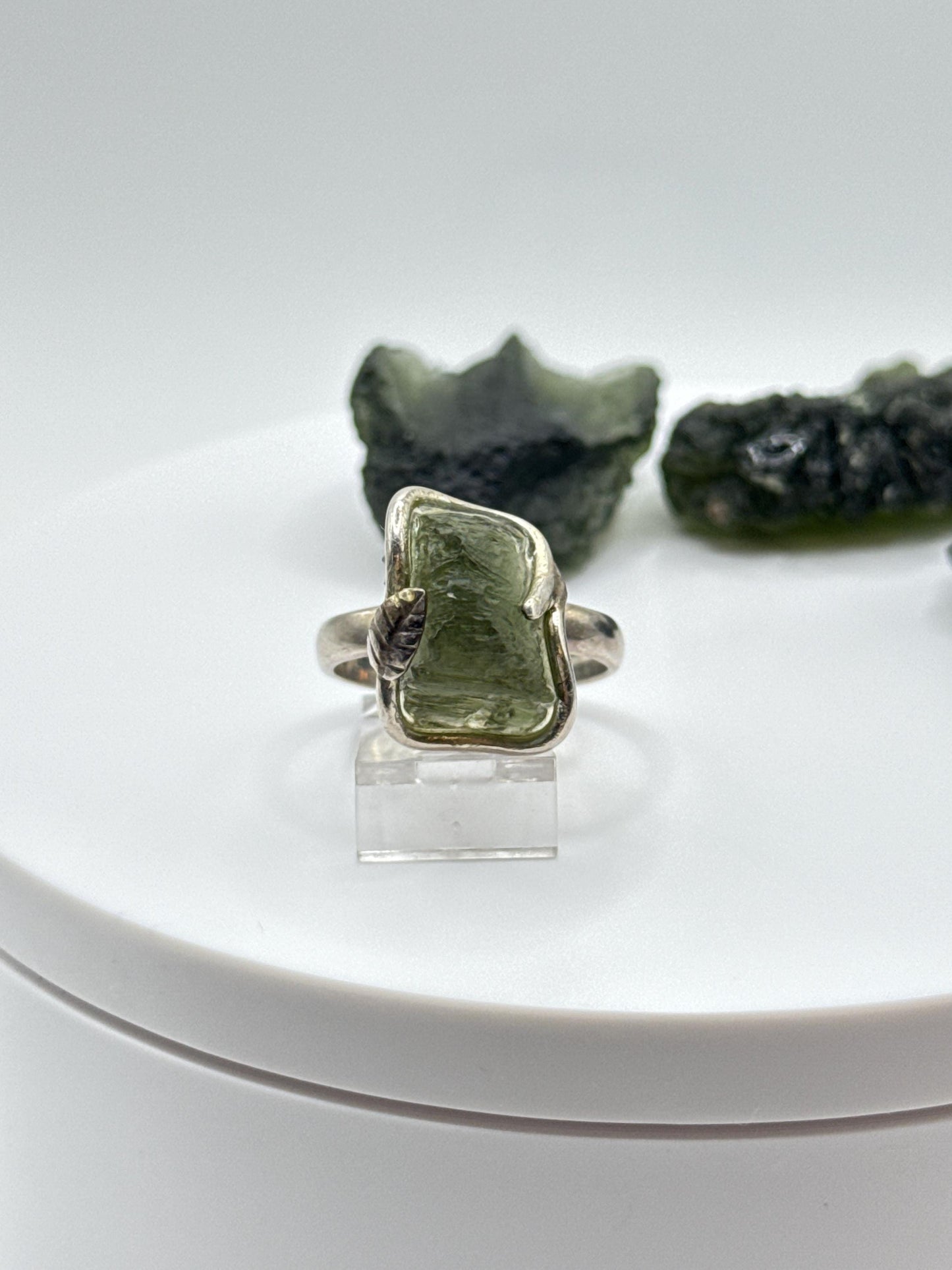 Raw Moldavite Sterling Silver Ring – Unique Cosmic Green Tektite Jewelry - Size 9.5