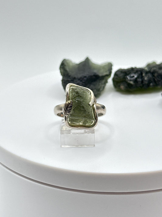 Raw Moldavite Sterling Silver Ring – Unique Cosmic Green Tektite Jewelry - Size 9.5