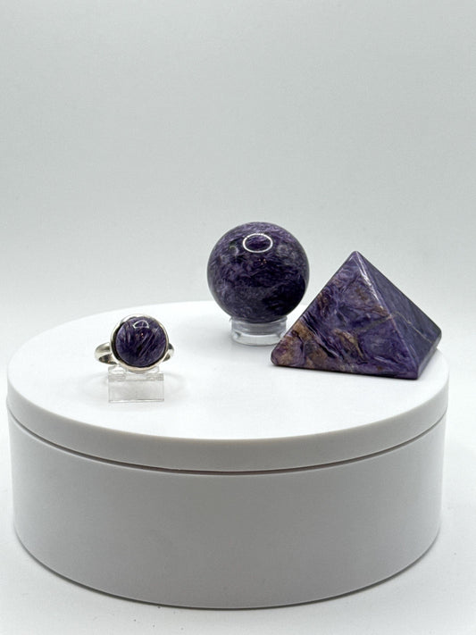 Beautifully Round Charoite Sterling Silver Ring - Size 8