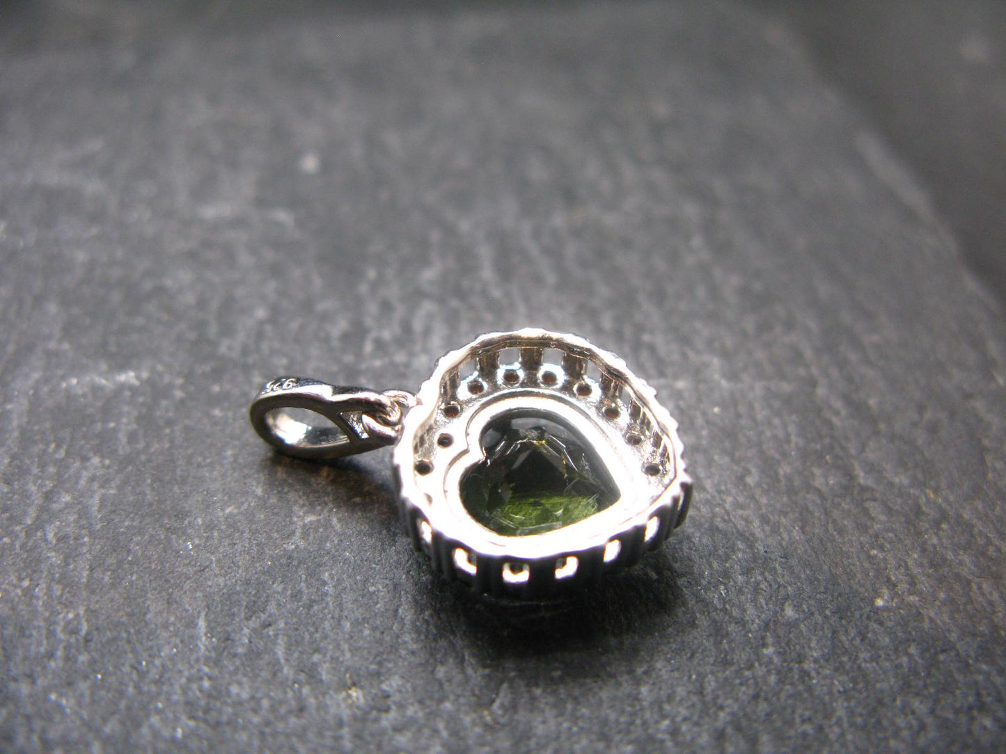 Moldavite Tektite & Red Garnet Silver Pendant from Czech Republic - 0.9"