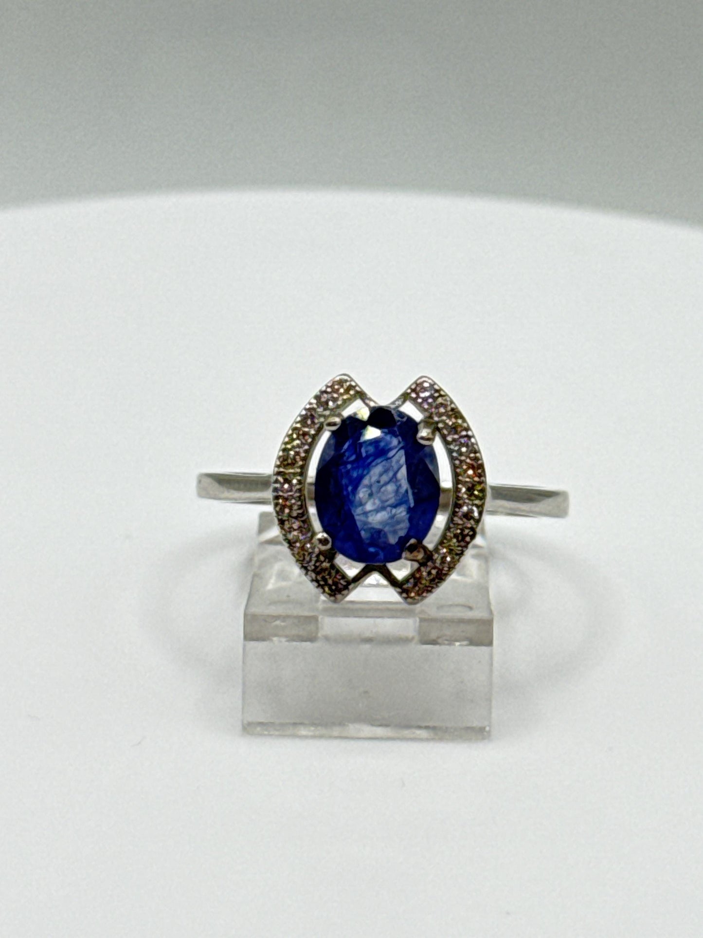 Blue Sapphire Halo Ring: Sterling Silver Statement Jewelry, Size 8.5
