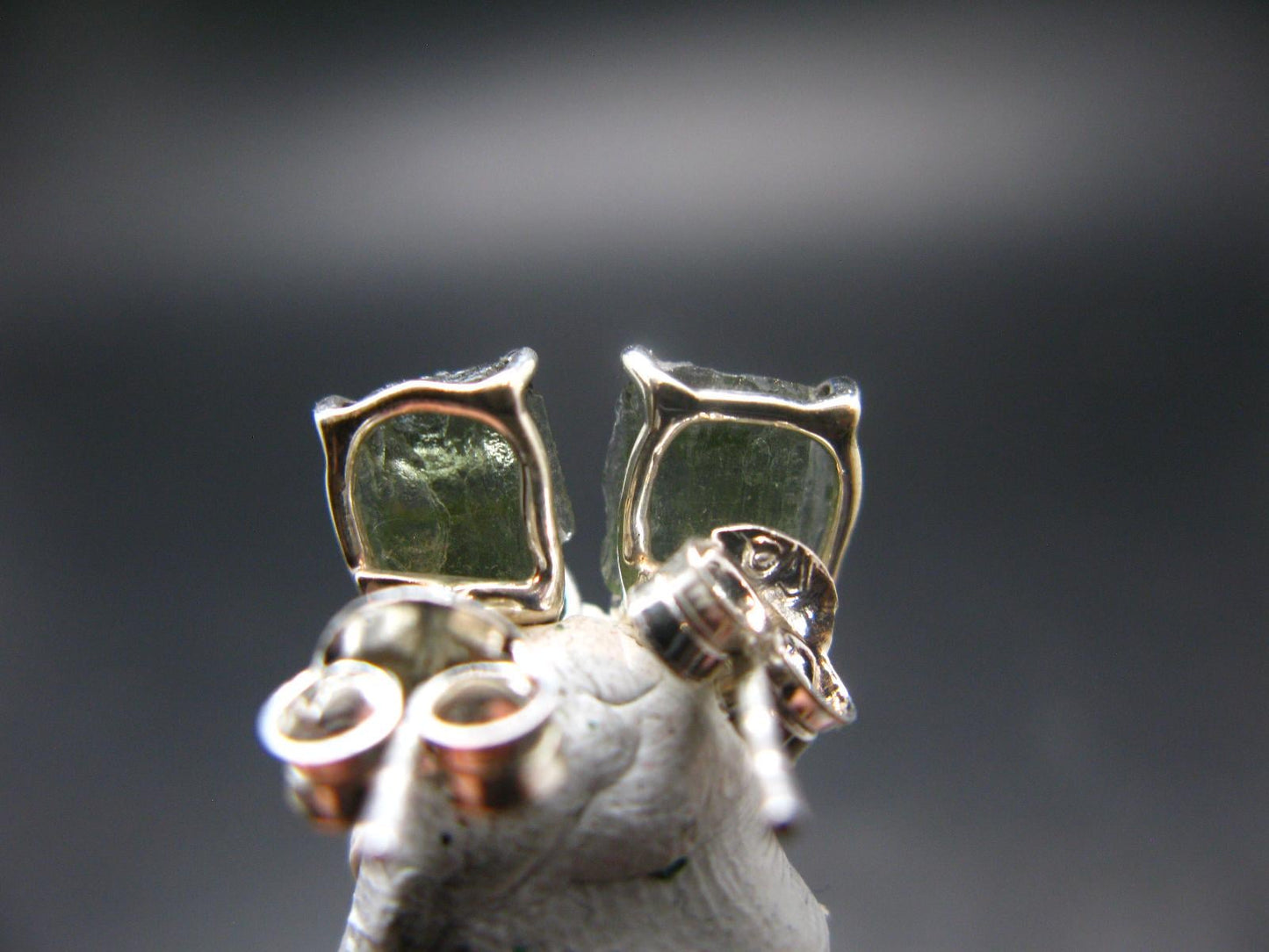 Natural Moldavite Tektite Raw Stud Earrings In Sterling Silver From Czech Republic - 1.64 Grams