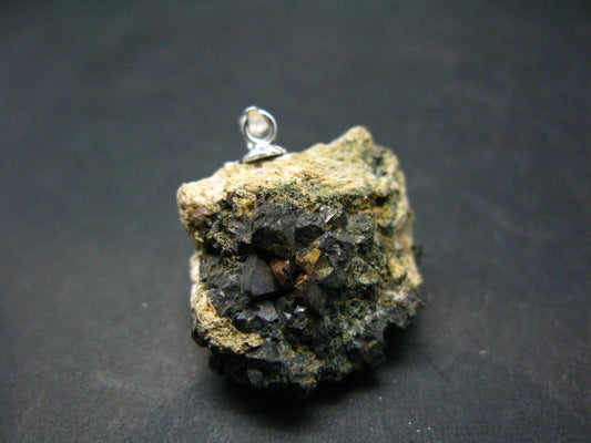 Octahedral Black Metallic Magnetite Crystal Silver Pendant From Bolivia - 1.1" - 7.38 Grams