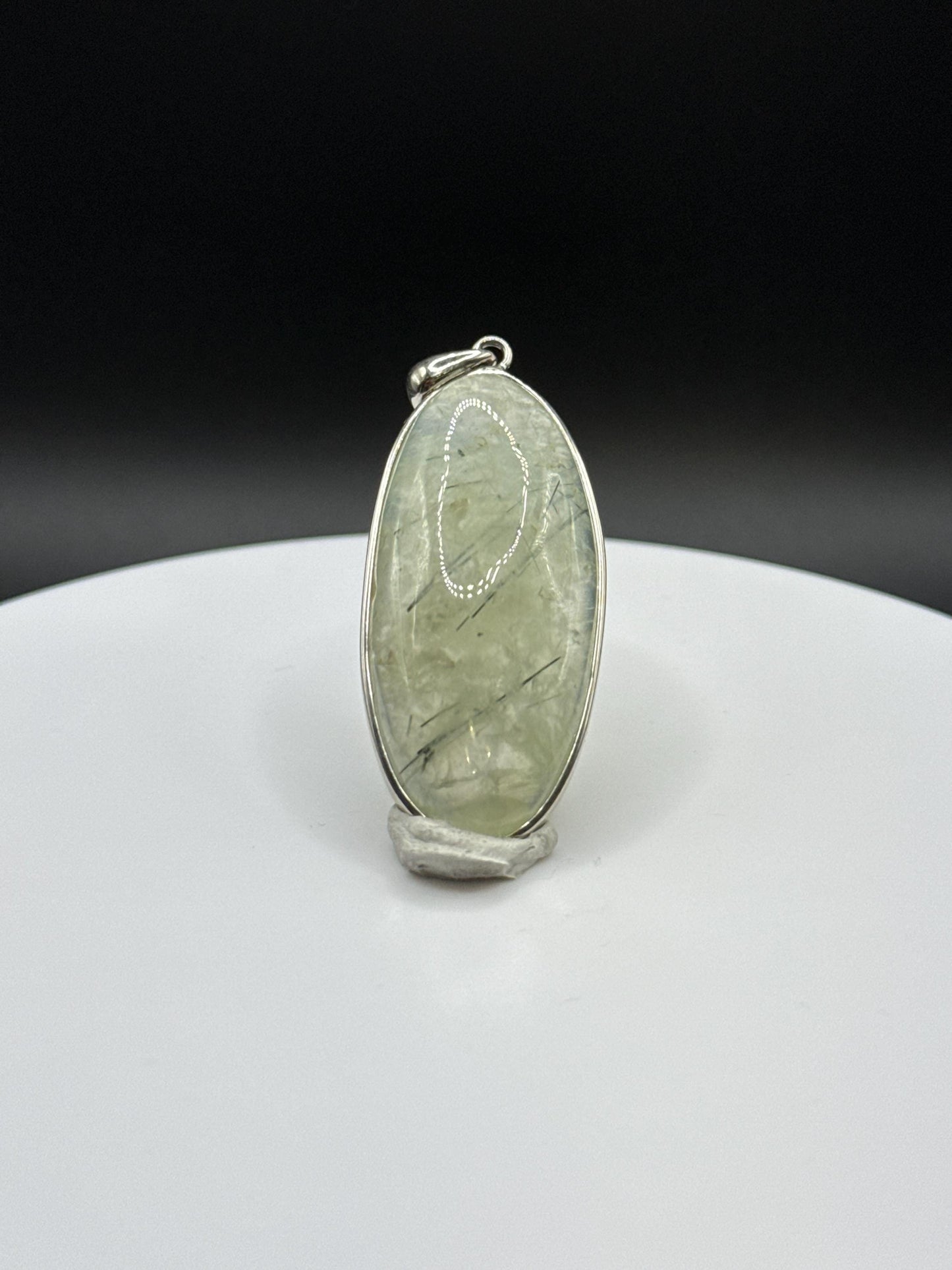 Prehnite Oval Pendant | Tourmaline Inclusions | Sterling Silver Jewelry