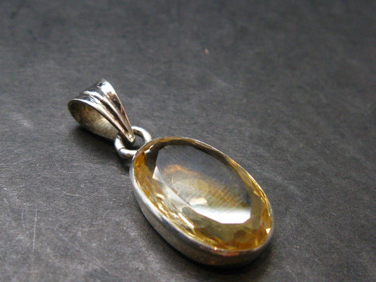 Yellow Citrine Gem Facetted Sterling Silver Pendant From Brazil - 1.1" - 2.97 Grams