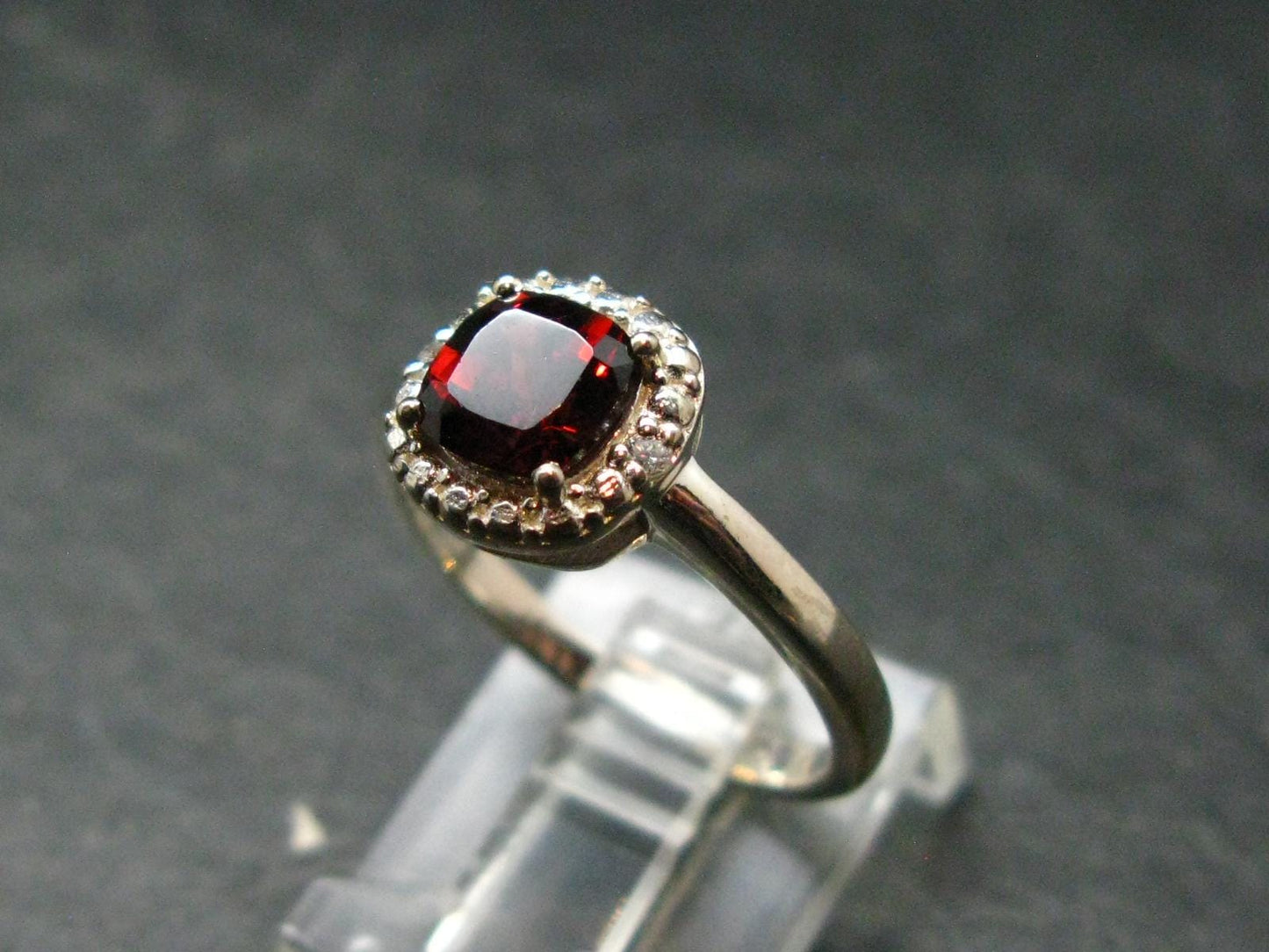Red Garnet Rhodium Plated Sterling Silver Ring with CZ - Size 7 - 2.49 Grams
