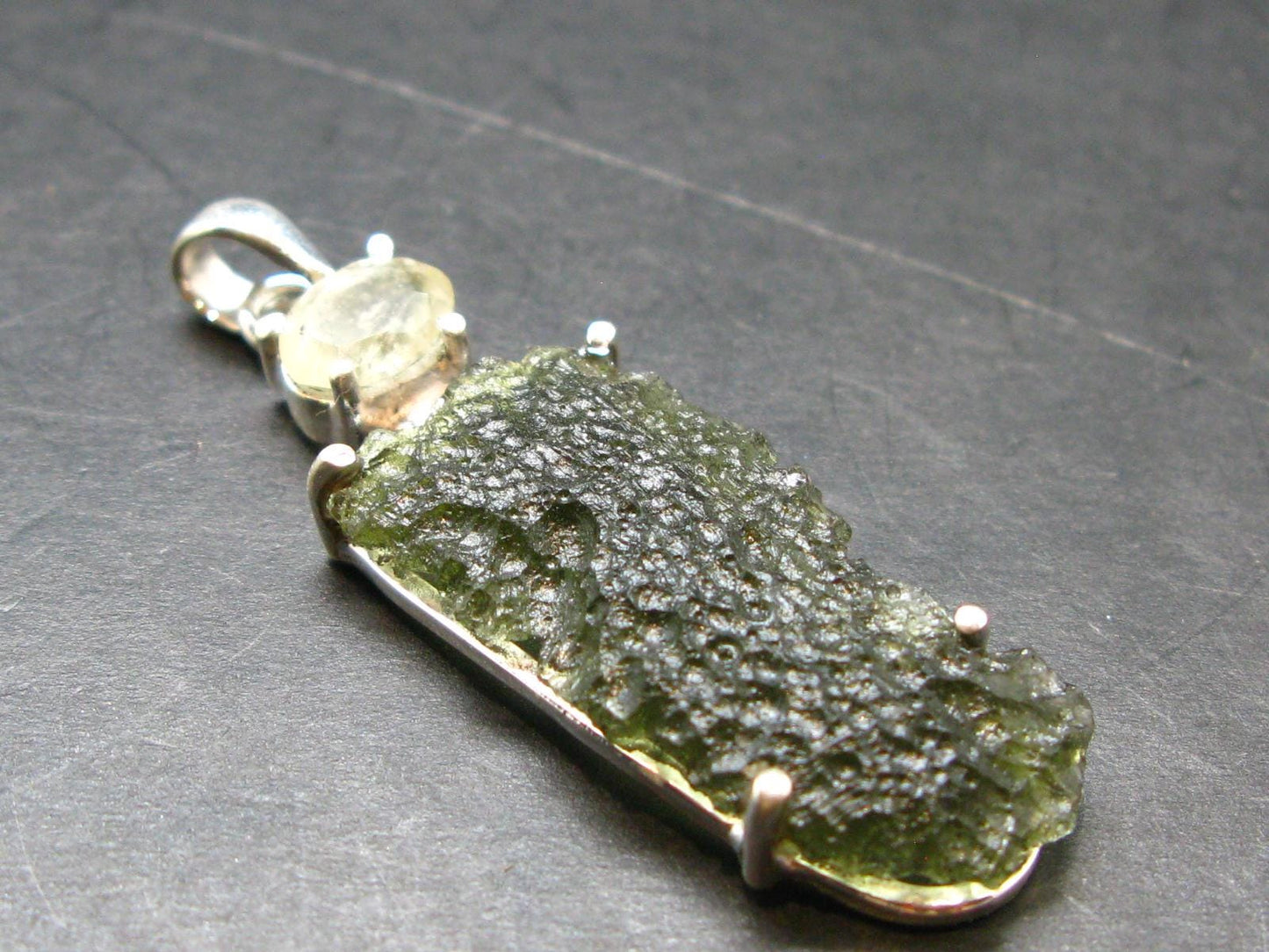 Moldavite & Libyan Tektite Silver Pendant - 2.1" - 5.9 Grams