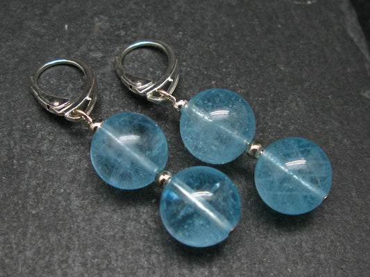 Minimalist and Chic Design - 12mm Natural Sky Blue Round Beads Dangle 925 Silver Leverback Earrings from Brazil