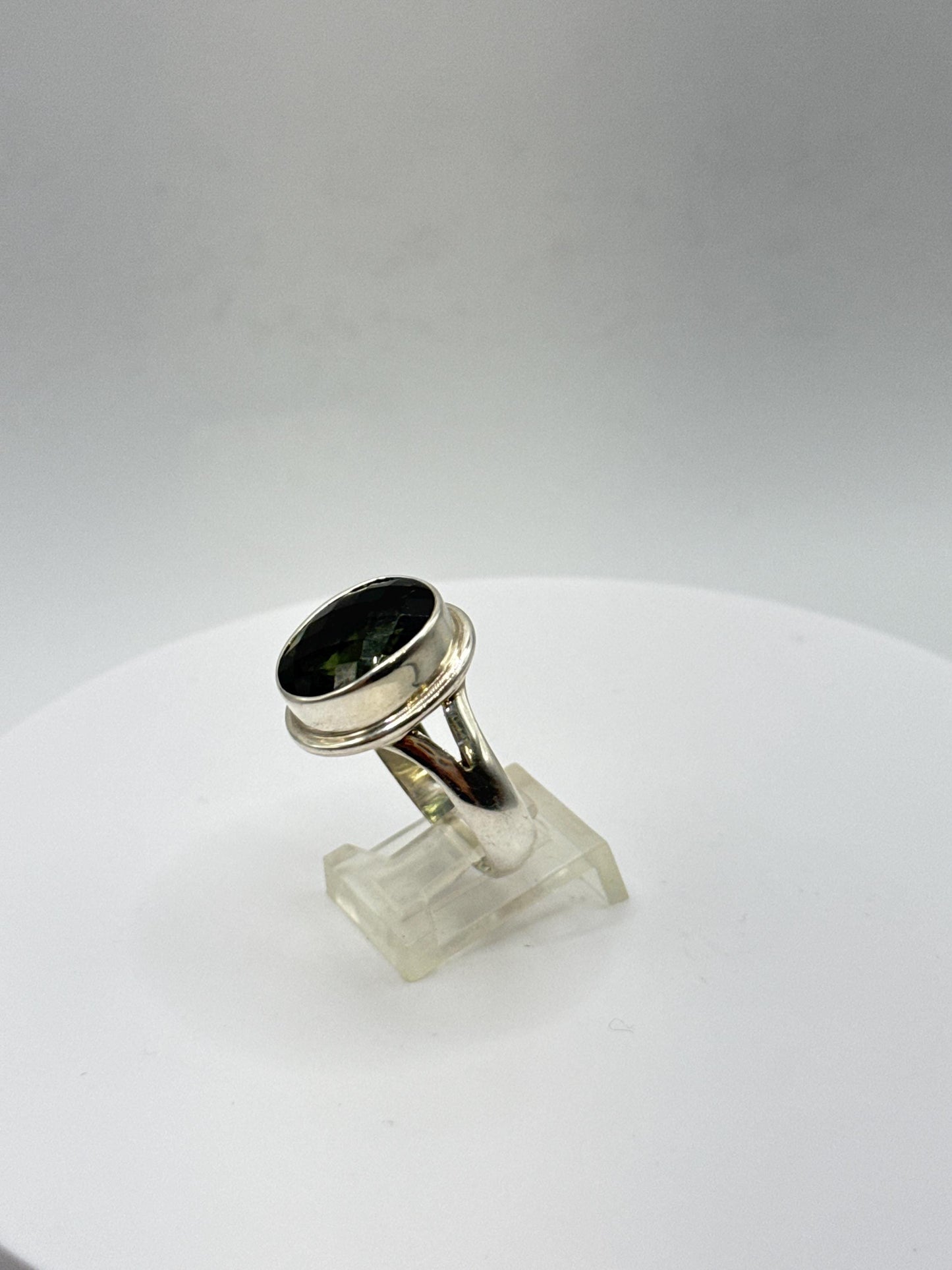 Faceted Moldavite Sterling Silver Ring | Czech Tektite, Size 10