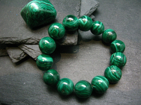 Malachite Genuine Bracelet ~ 7 Inches ~ 14mm Round Beads