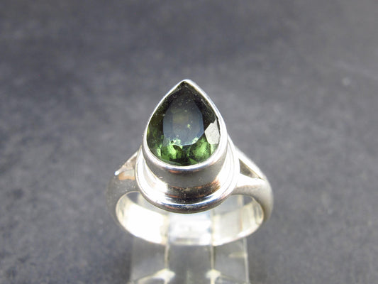 Moldavite Tektite Facetted Silver Ring from Czech Republic - Size 7.25 - 5.93 Grams
