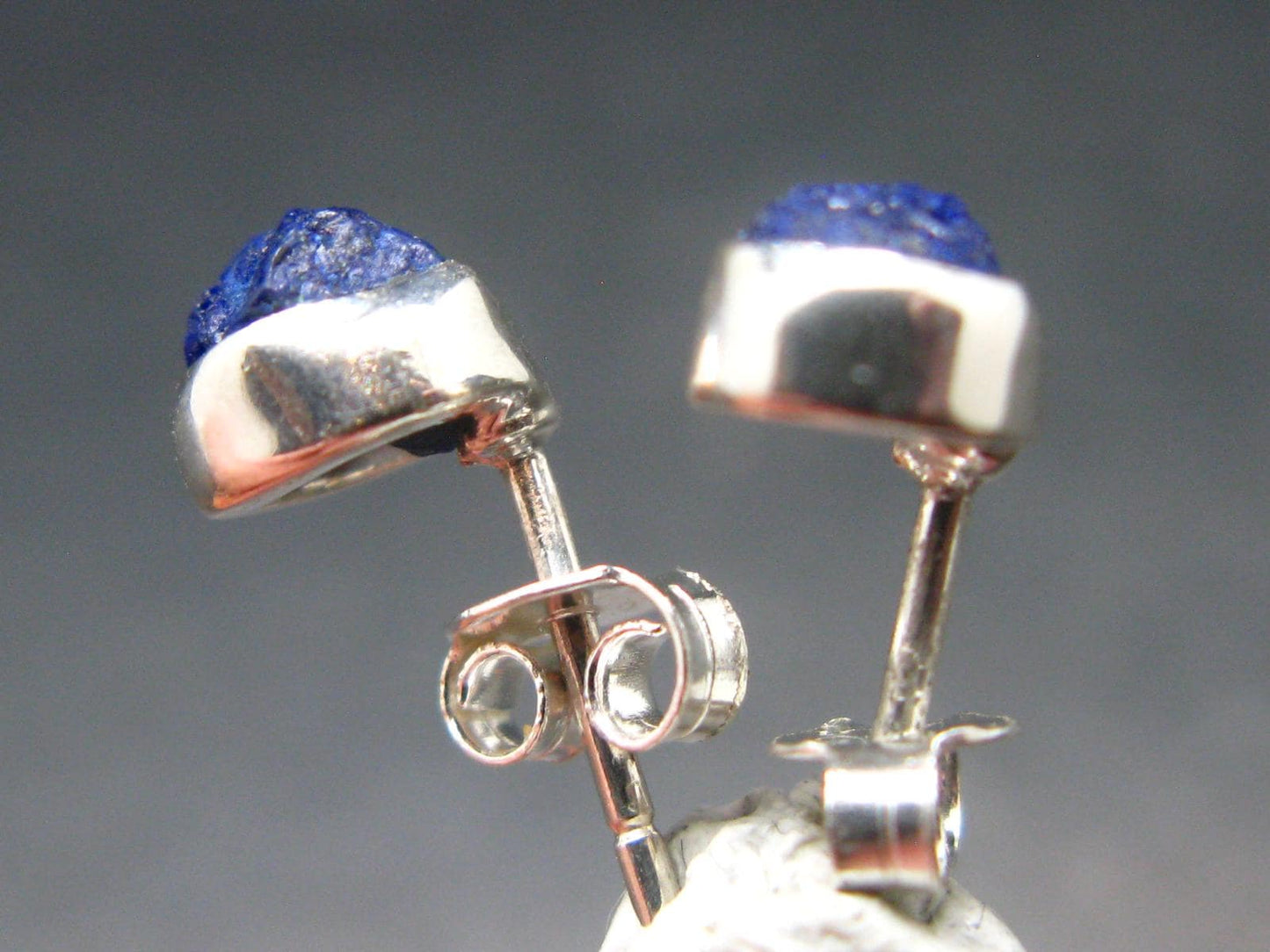 Deep Blue Azurite Crystal Stud Earrings In Sterling Silver From Mexico