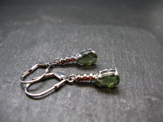 Moldavite Tektite & Red Garnet Silver Earrings from Czech Republic - 2.62 Grams