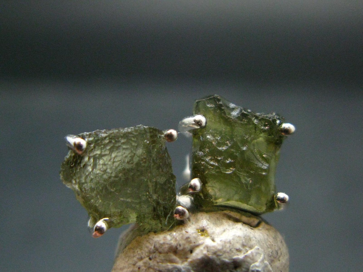 Natural Moldavite Tektite Raw Stud Earrings In Sterling Silver From Czech Republic - 1.56 Grams