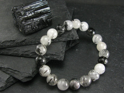 Tourmalinated Quartz w/ Black Tourmaline Genuine Bracelet ~ 7 Inches ~ 10mm Round Beads