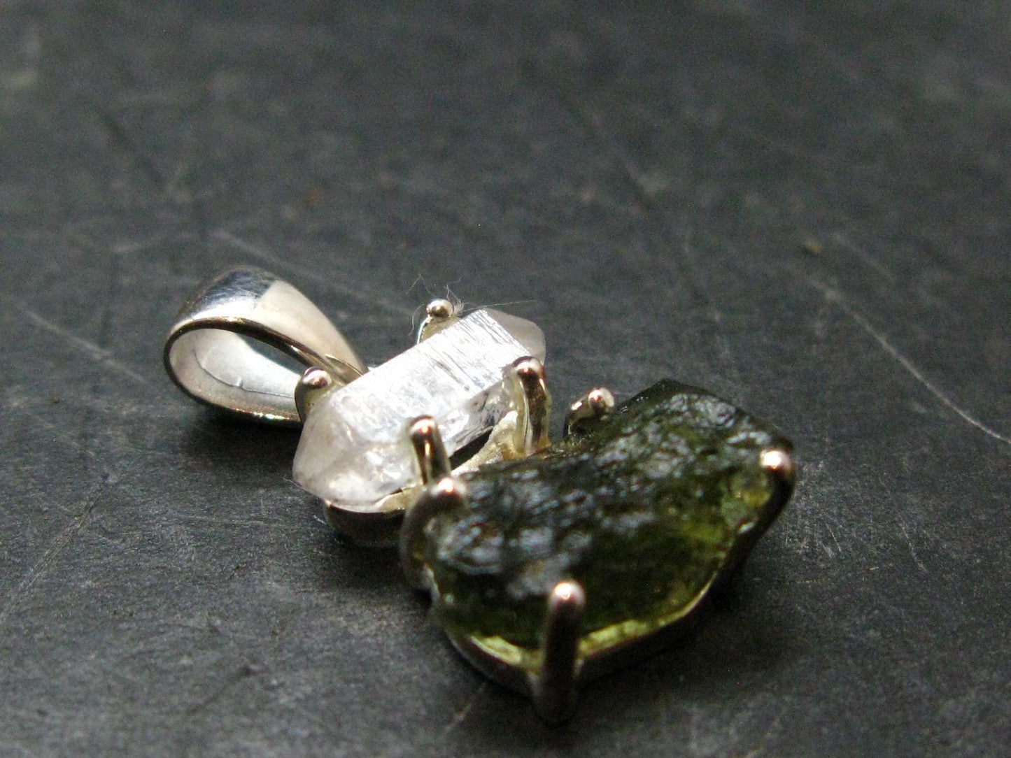Moldavite & Herkimer Diamond Silver Pendant - 0.9" - 2.11 Grams