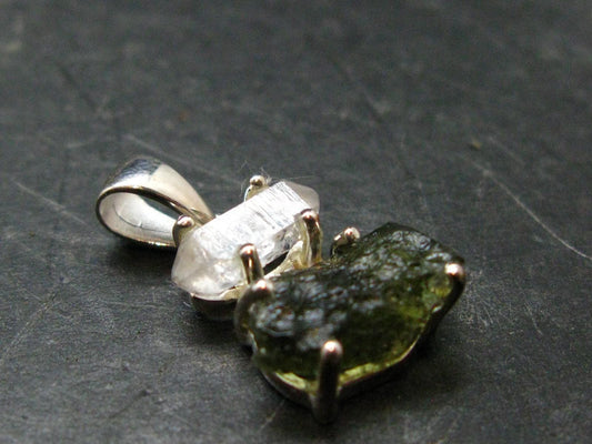 Moldavite & Herkimer Diamond Silver Pendant - 0.9" - 2.11 Grams