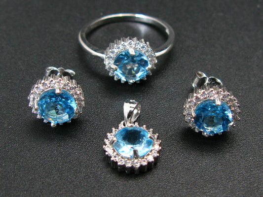 Natural Faceted Swiss Blue Toapz 925 Sterling Silver Set Ring Earring Necklace with CZ