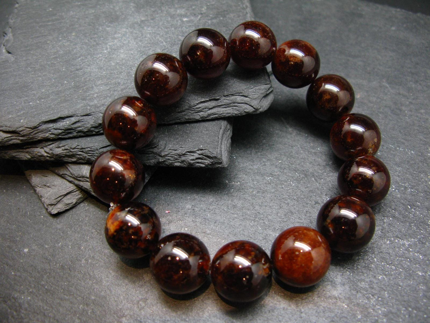 Gem Garnet Hessonite Genuine Bracelet ~ 7.5 Inches ~ 15mm Round Beads
