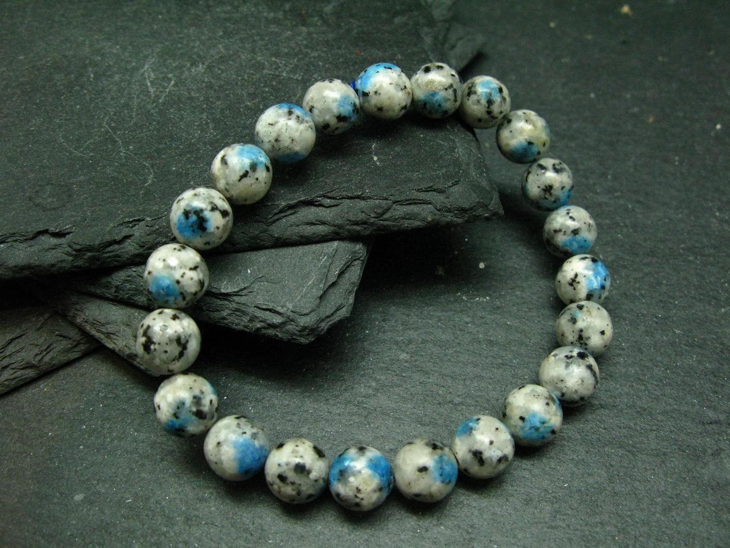 K2 Azurite in Granite Genuine Bracelet ~ 7 Inches ~ 8mm Round Beads