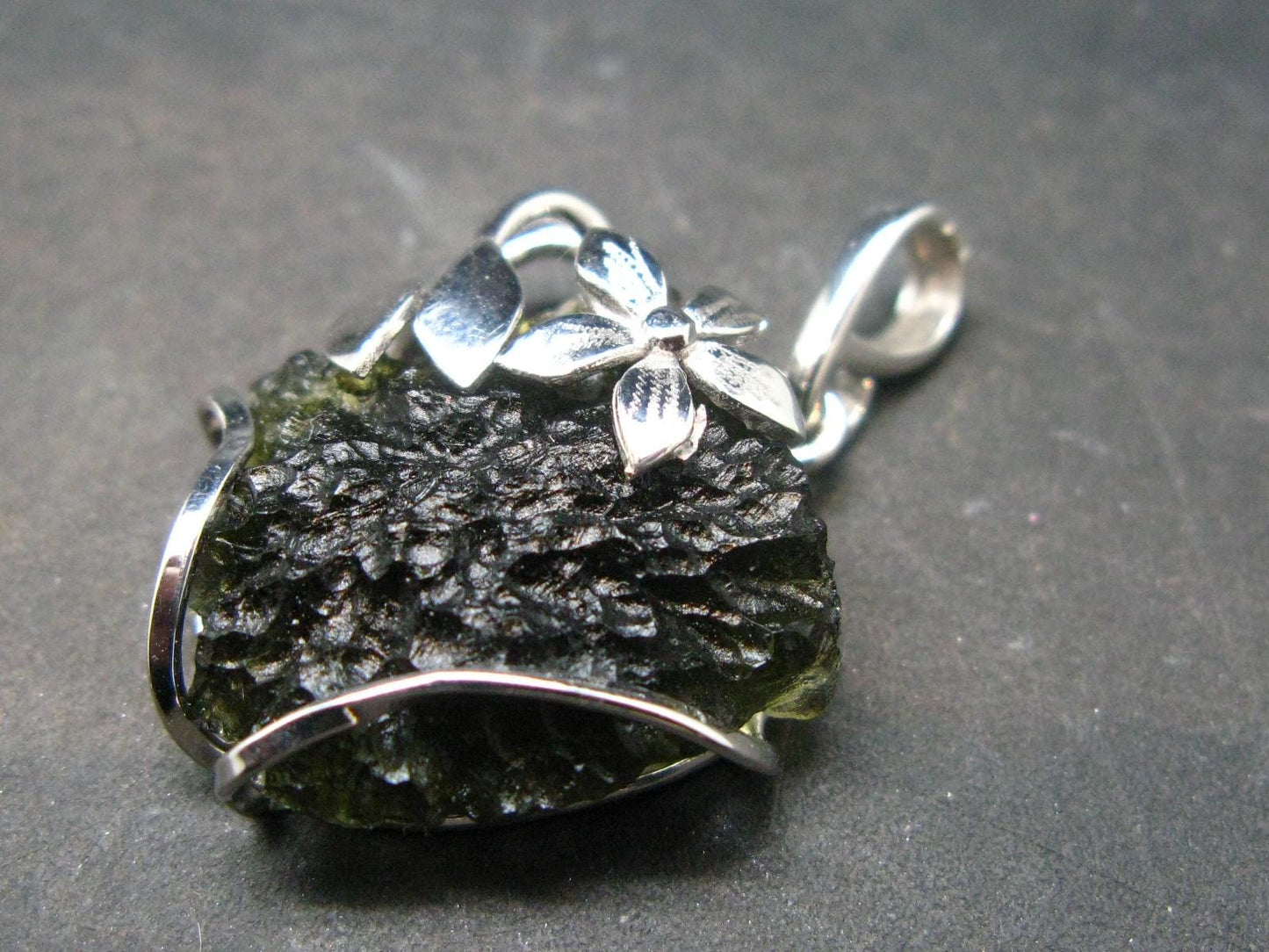 Large Gem Moldavite Tektite SS Pendant From Czech Republic - 6.44 Grams - 1.3"