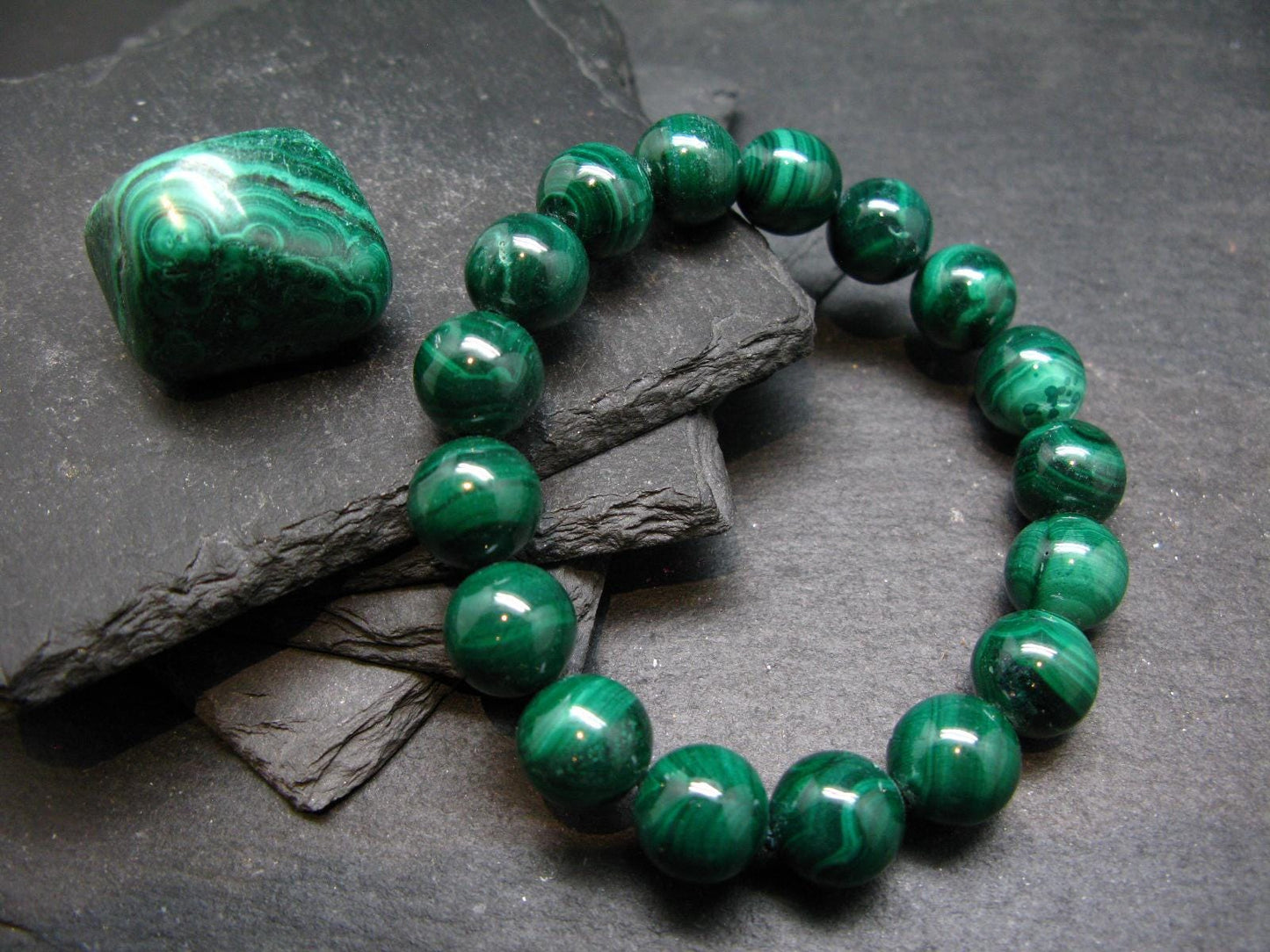 Malachite Genuine Bracelet ~ 7 Inches ~ 12mm Round Beads