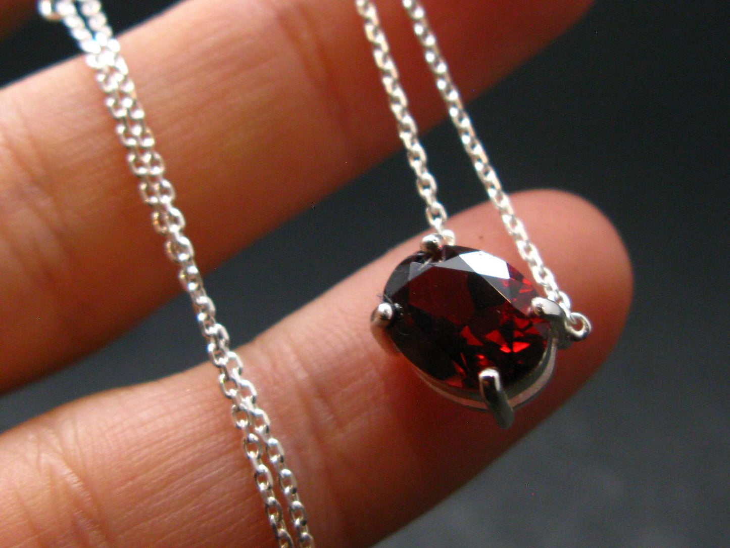 Red Garnet Almandine Gem Silver Pendant with Chain From India - 18" - 1.77 Grams