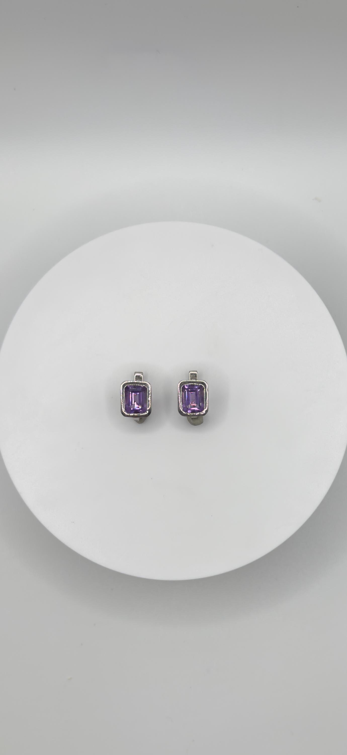 Minimalist Emerald-Cut Amethyst Earrings – Sterling Silver - Weight 4.45 Grams