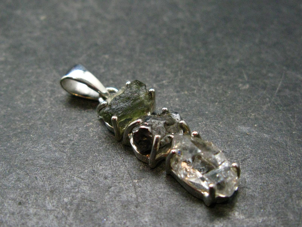 Moldavite Herkimer Meteorite Sterling Silver |Pendant From Czech Republic - 1.4" - 3.65 Grams