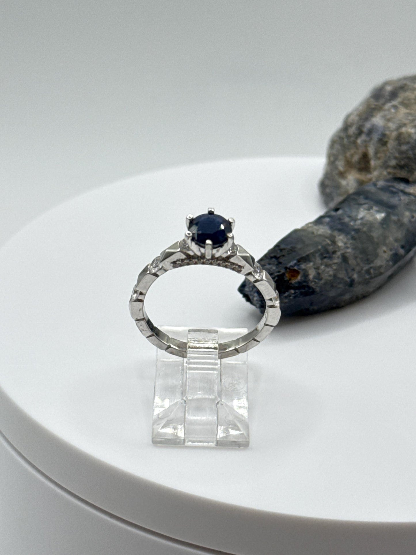 Blue Sapphire Solitaire Ring: Sterling Silver September Birthstone, Size 7