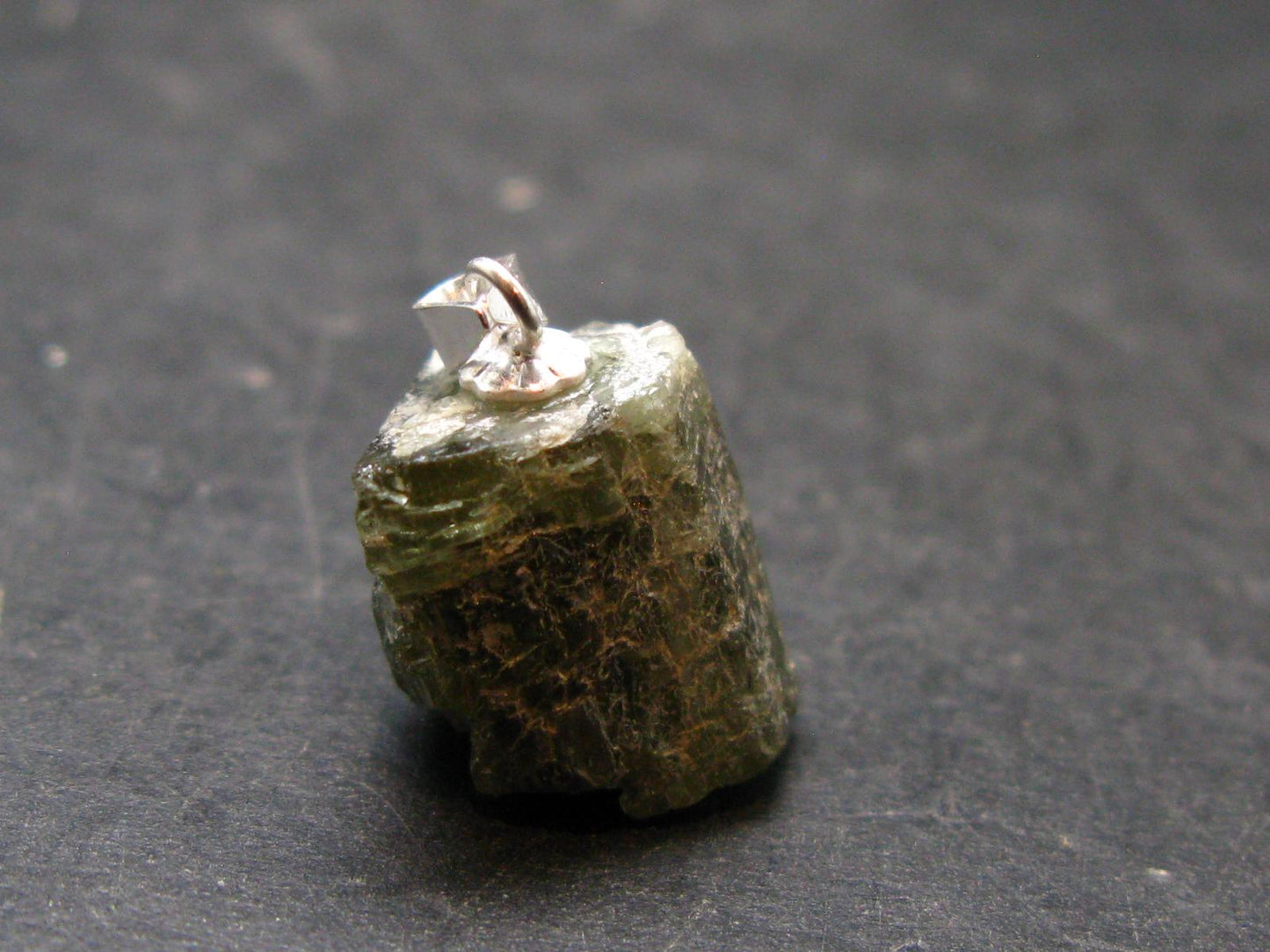 Extremely Rare Raw Gem Green Kornerupine Silver Pendant Crystal From Tanzania - 3.03 Grams - 0.8"
