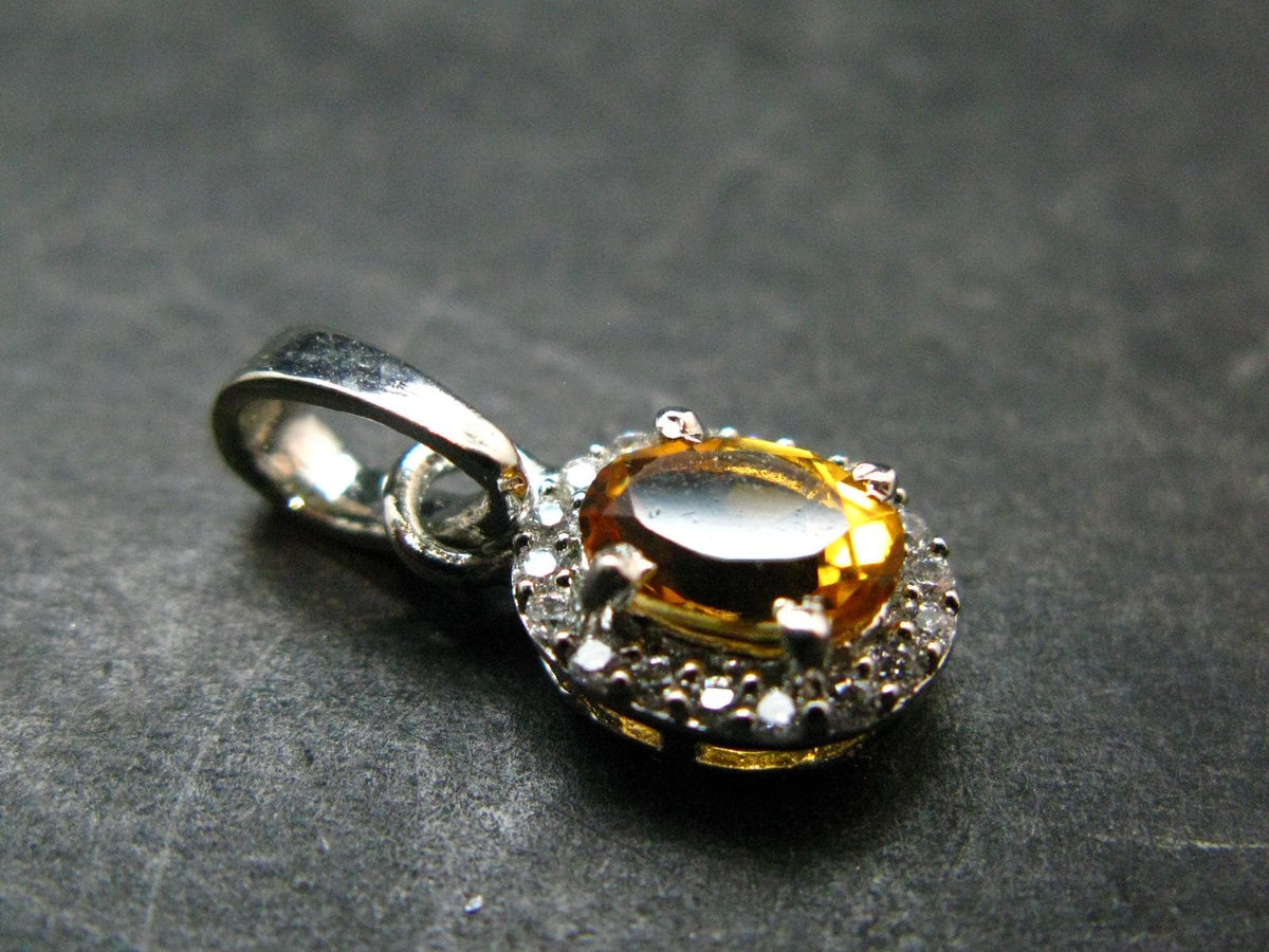 Yellow Citrine Gem Facetted Sterling Silver Pendant From Brazil With CZ - 0.7" - 1.21 Grams
