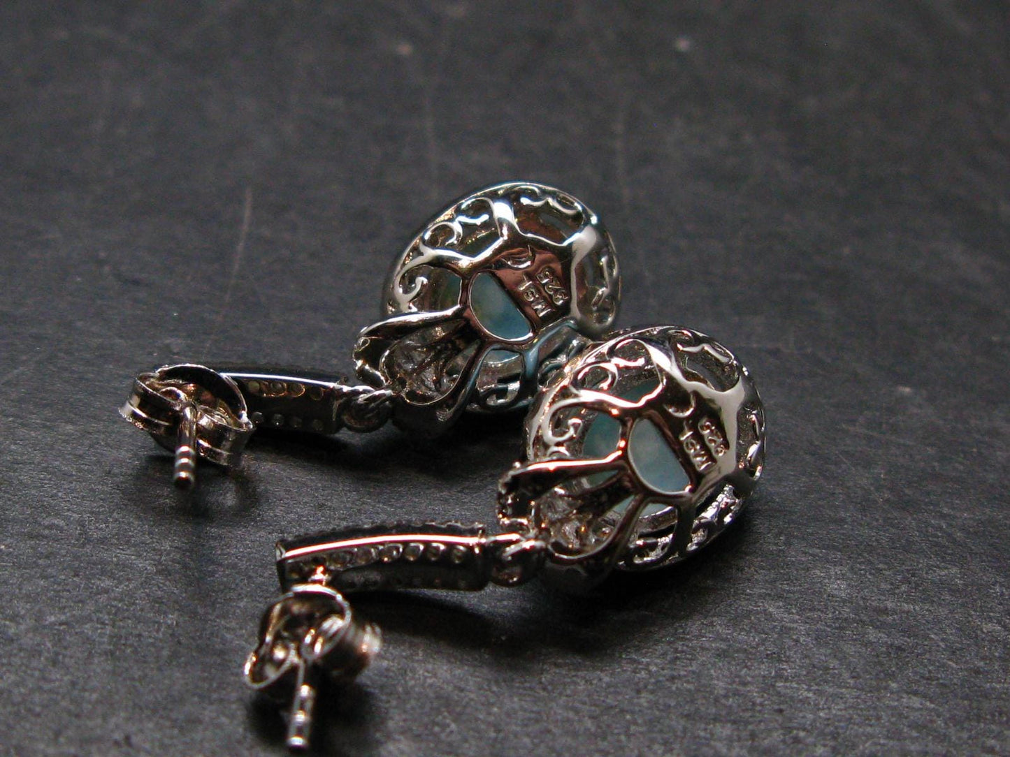 Natural Cabochon Larimar Pectolite 925 Sterling Silver Earrings from Dominican Republic - 4.33 Grams