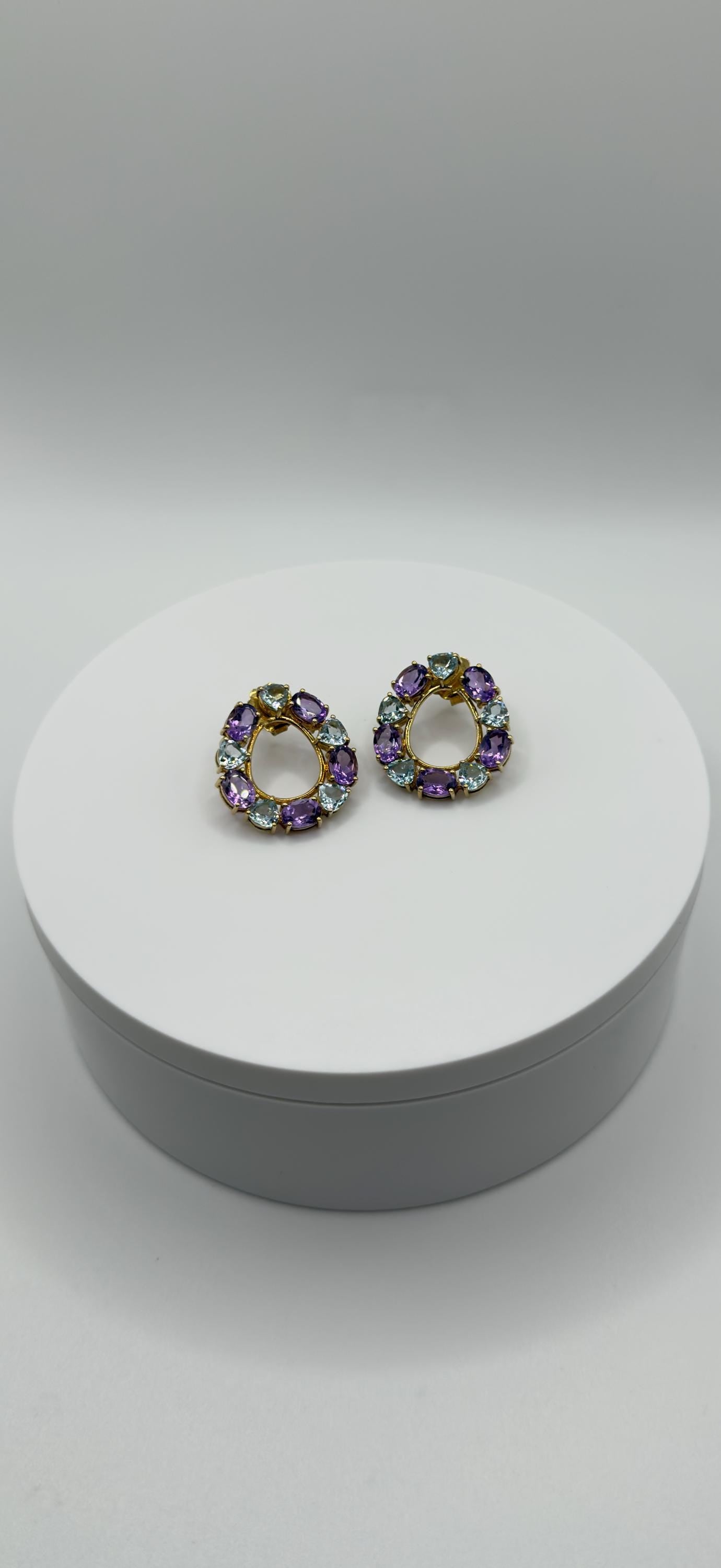 Gold Plated Amethyst Hoop Earrings – Bold Purple & Topaz Gemstone Circle Dangles - Weight 9.13 Grams