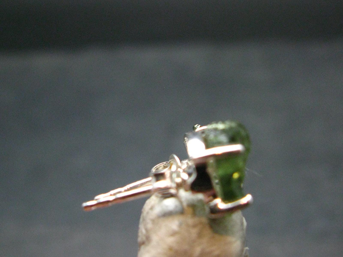 Natural Moldavite Tektite Raw Stud Earrings In Sterling Silver From Czech Republic - 1.58 Grams
