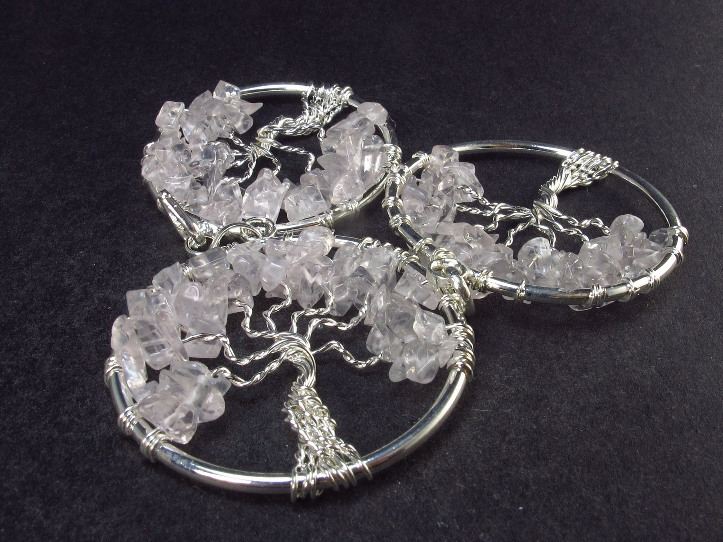 Set of 3 Natural Rose Quartz Tree of Life Pendants