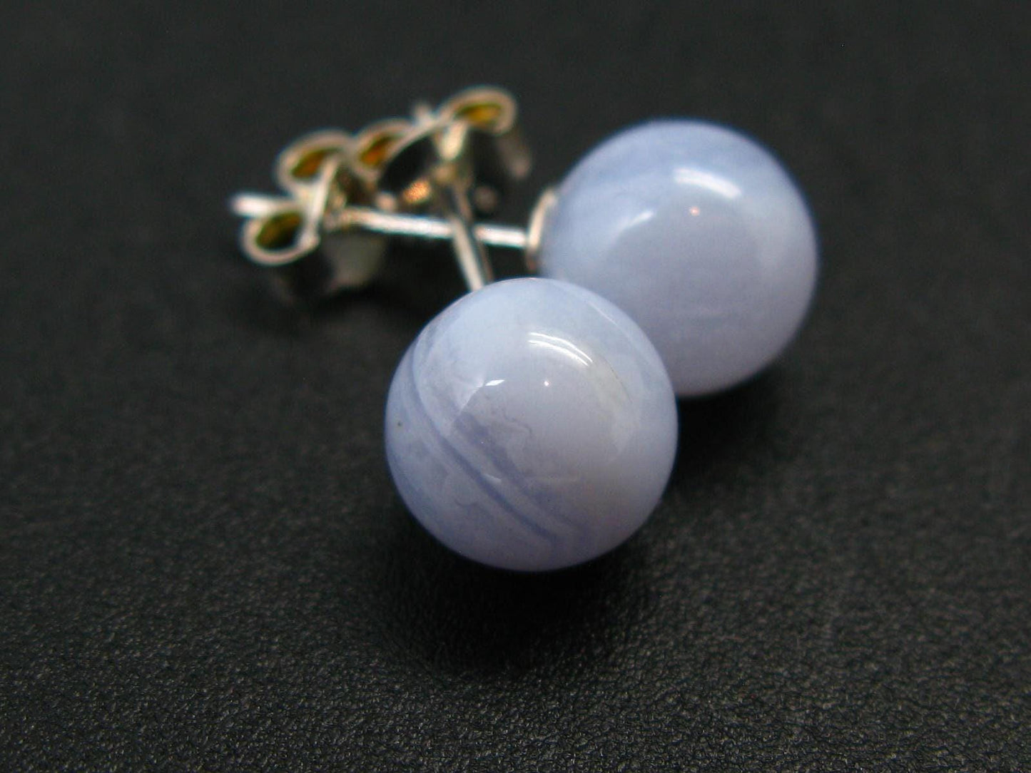 The Most Classic Earring Styles!! Natural 8mm Round / Ball Blue Lace Agate Gemstones 925 Silver Stud Earrings
