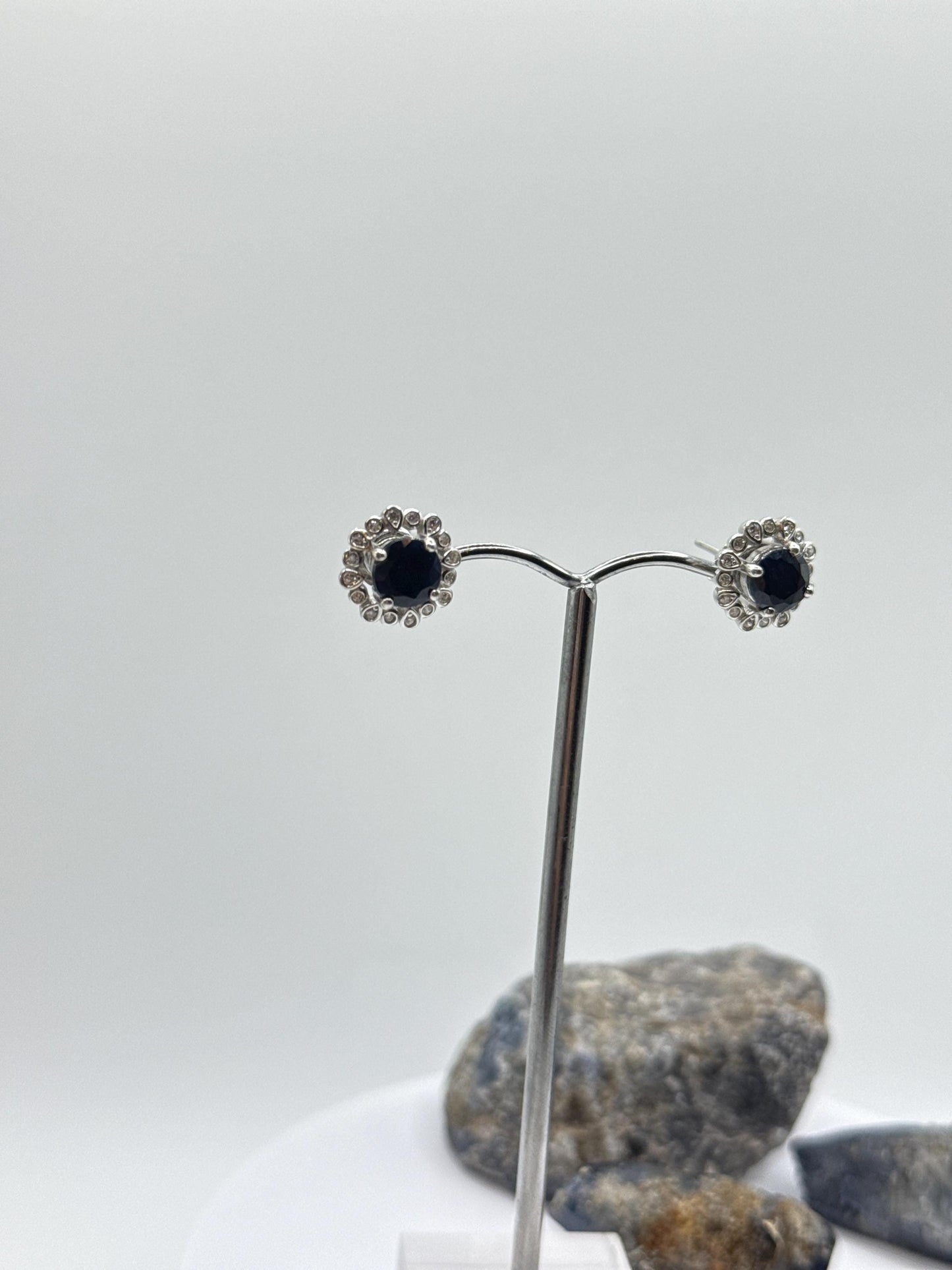Sterling Silver Sapphire Halo Stud Earrings | September Birthstone