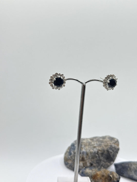 Sterling Silver Sapphire Halo Stud Earrings | September Birthstone