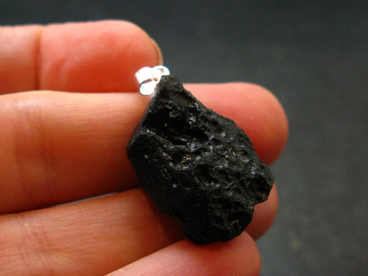 Tibetan Black Tektite Silver Pendant From Tibet - 1.2" - 5.55 Grams