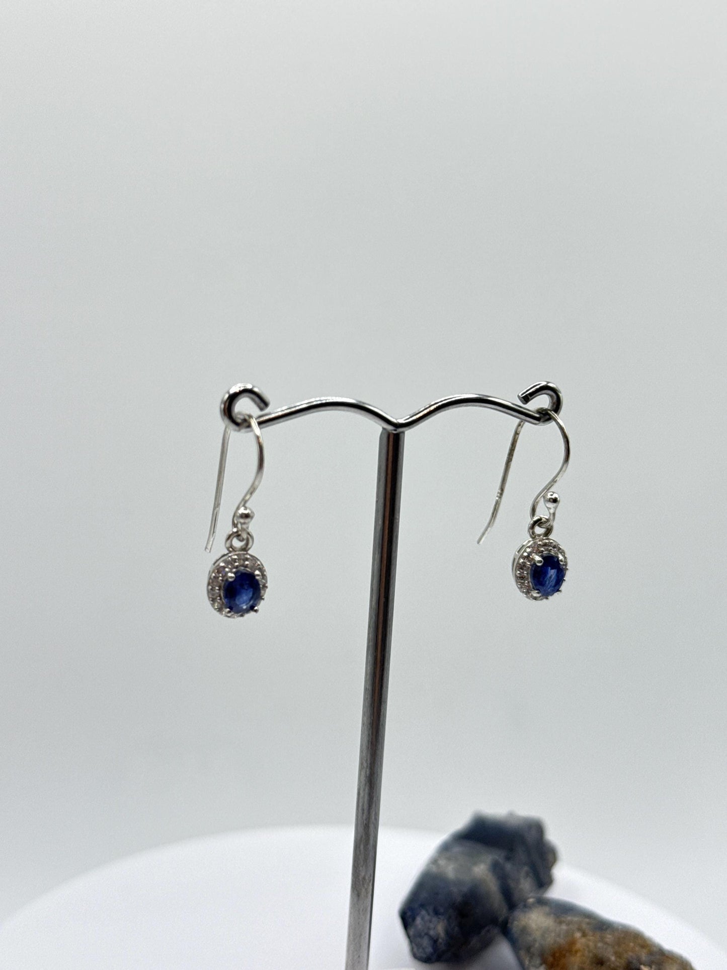 Sterling Silver Sapphire Halo Dangle Earrings | September Birthstone
