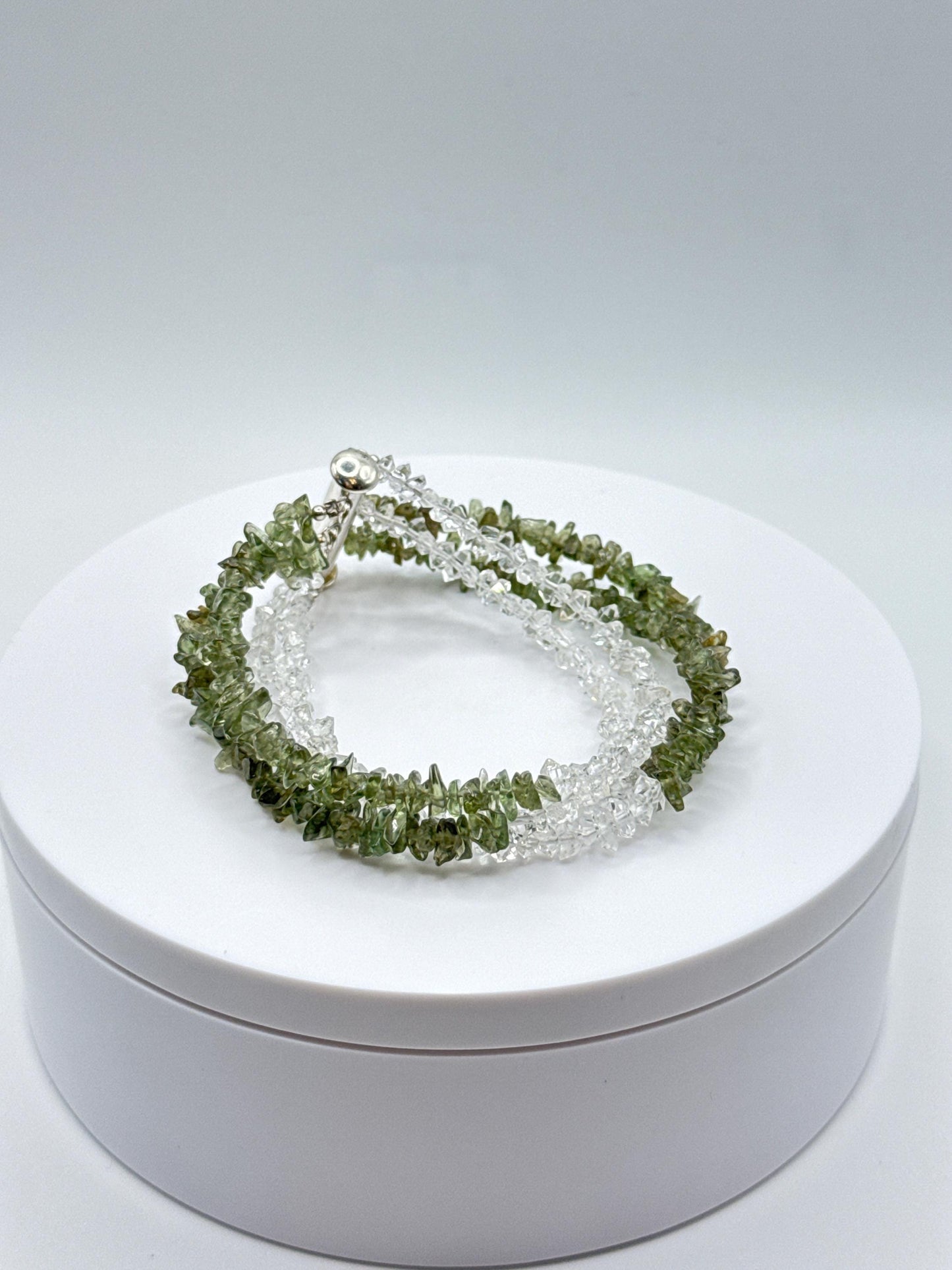Moldavite & Herkimer Diamond Bracelet – Triple Strand - 17.73 Grams