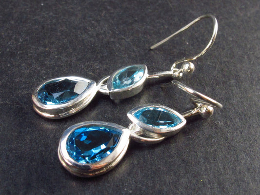 Faceted Natural Sky Blue Topaz Dangle 925 Silver Earrings from Brazil - 1.4" - 3.7 Grams