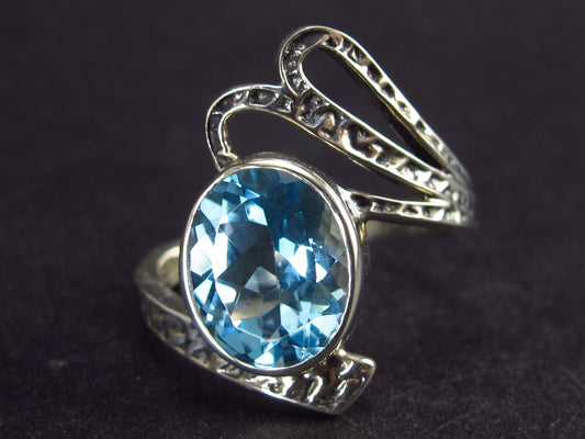 Natural Handcrafted Faceted Sky Blue Topaz Crystal 925 Silver Ring - Size 9.75