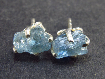 Cute Small Natural Raw Gemmy Aquamarine Crystal Stud Earrings In Sterling Silver From Brazil - 0.4"